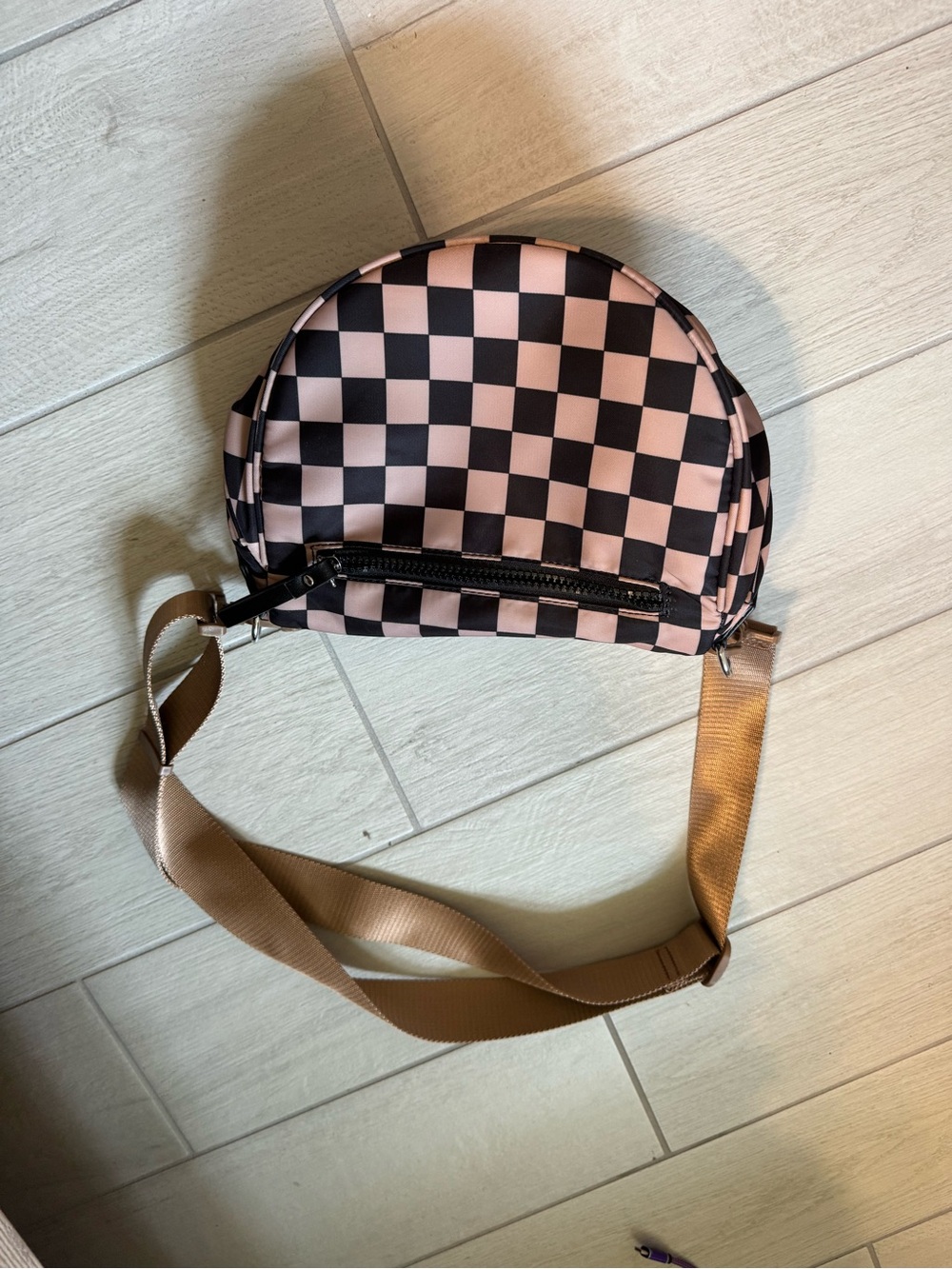 tan and Black Checkered Crossbody Bag - Casual Women's Shoulder Bag